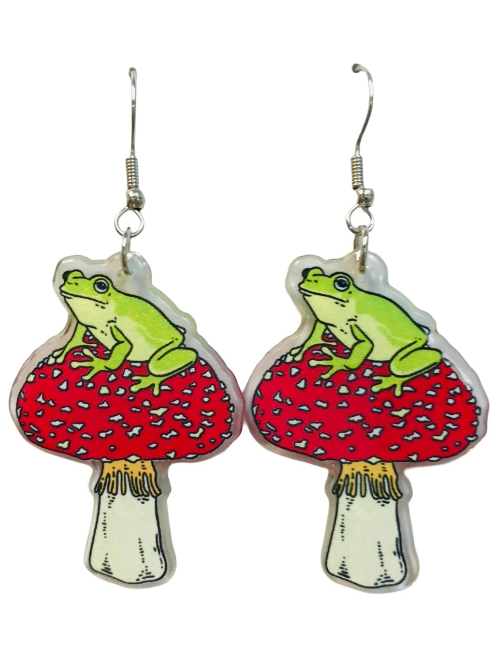 Frog Amanita Mushroom Acrylic Dangle Earrings Cottagecore Goblincore Green Red